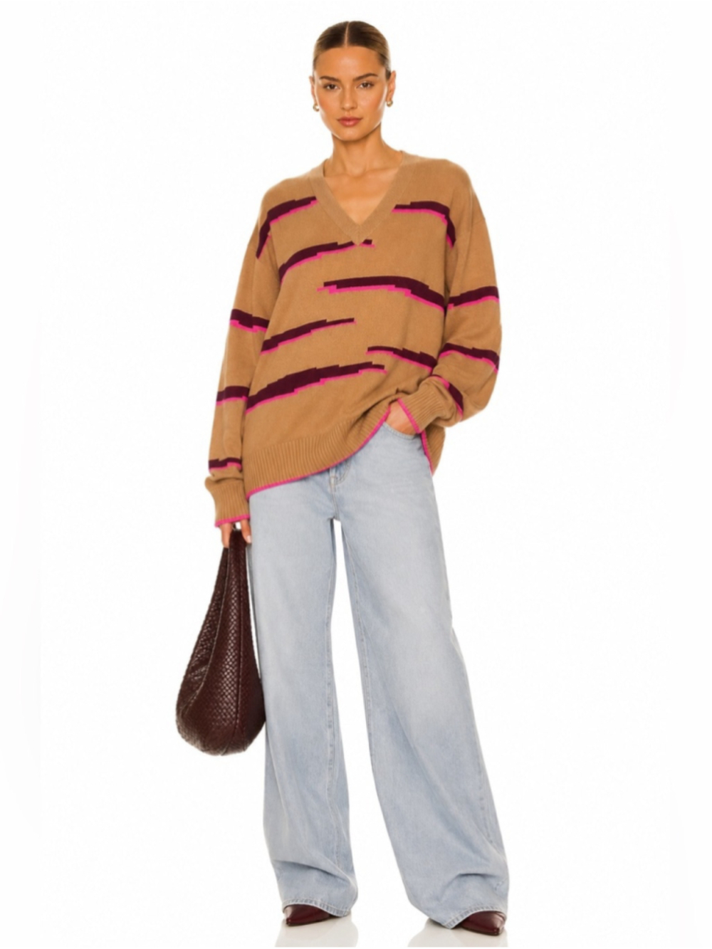 Brodie Cashmere 100% Cashmere Glitch Zebra Sweater Camel Pink V Neck Pullover